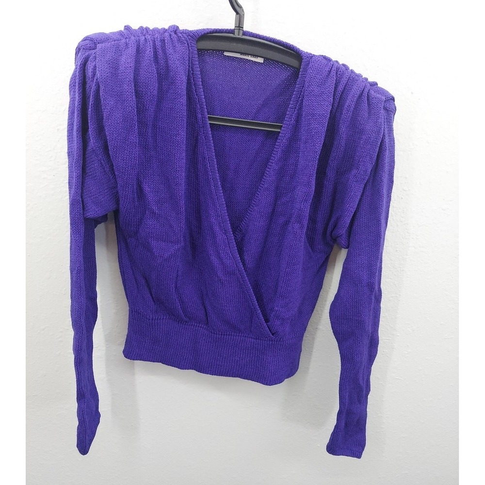 Vtg St John Sweater Womens Small Purple Faux Wrap Surplice Shoulder Pads Stretch